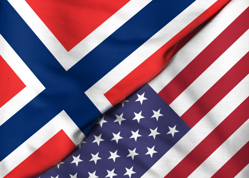 Illustrasjon som viser norsk og amerikansk flagg ved siden av hverandre. Skillelinjen mellom flaggene går diagonalt gjennom bildet.