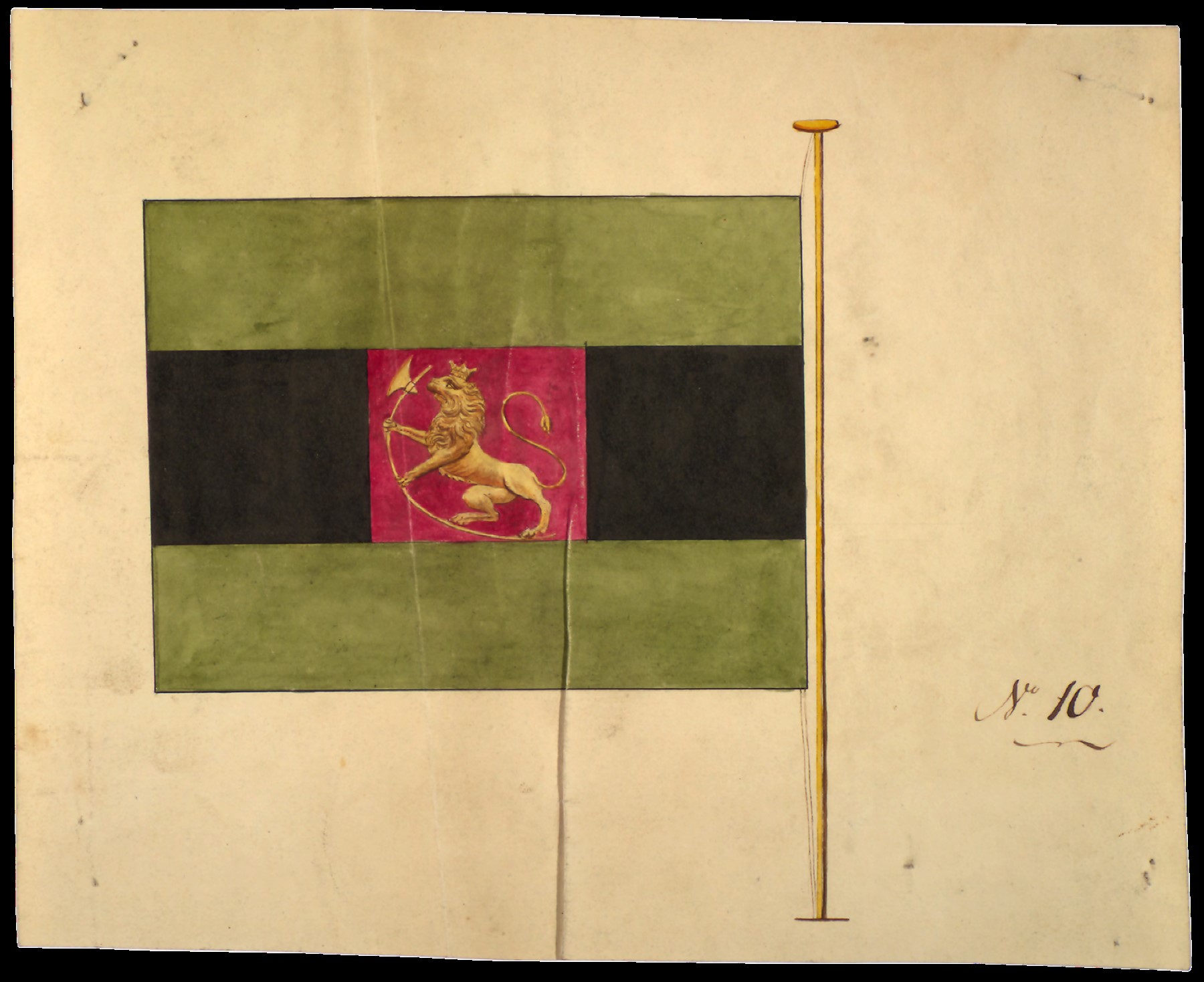 Flagg med grønne felt øverst og nederst, svart i midten med en rødfirkant med en gul løve i midten.